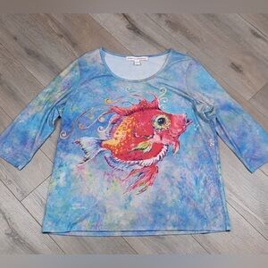 Leoma Lovegrove XL Colourful Tropical Fish Art Top Blue 3/4 Sleeve